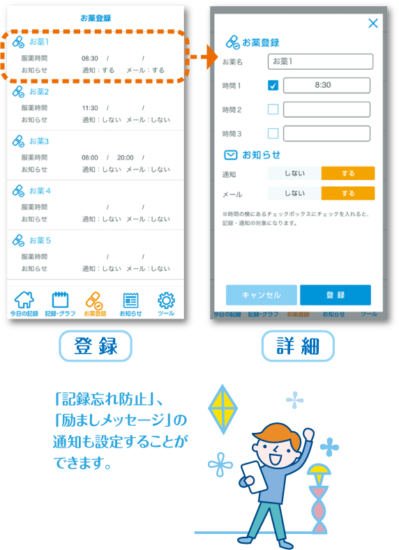 登録 詳細  「記録忘れ防止」、「励ましメッセージ」の通知も設定することができます。